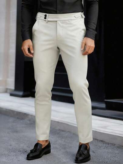 Manfinity Mode Men's Casual Versatile Commuter Solid Color Tapered Pants Beige Pants For Men Men Trouser White Dress Pants Men Korean Pants Men Men Slim Fitted Elastic Pants Old Money,Daily Leisure, Weekend Trips, Outdoor Activities, Travel Expeditions, Relaxed Work Environments Or Semi-Formal Occasions, Boyfriend/Husband Gift, Anniversary /Birthday Gift Party Christmas New Years Wedding