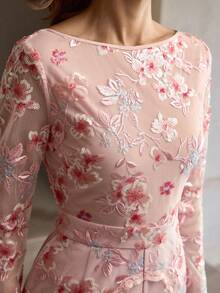 ZEYLAH Women's Elegant Floral Embroidery Mesh Patchwork Sequin Loose Wide Leg Jumpsuit - Pink - View 3