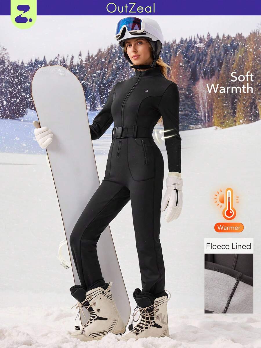 OutZeal Women Winter Thermal Black Outdoor Jumpsuit Christmas Outfit Skiing Daily Soft Brushed Lined With Front Zip Pocket - Black - View 1