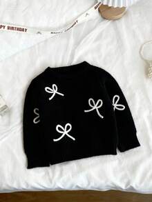SHEIN Vintaside Kids 时尚百搭可爱蝴蝶结针织套头毛衣，适合年轻女孩 - 黑色 - 查看 3