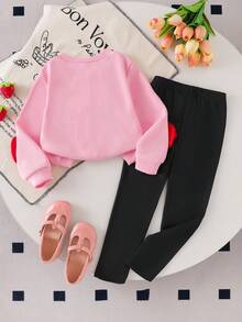 2pcs/Set Young Girls Spring/Autumn Pink Long Sleeve Cardigan With 3D Strawberry Knit Jacket And Black Knit Pants, Fashion Casual Sweet Toddler Daily Outfit - Pink - View 2