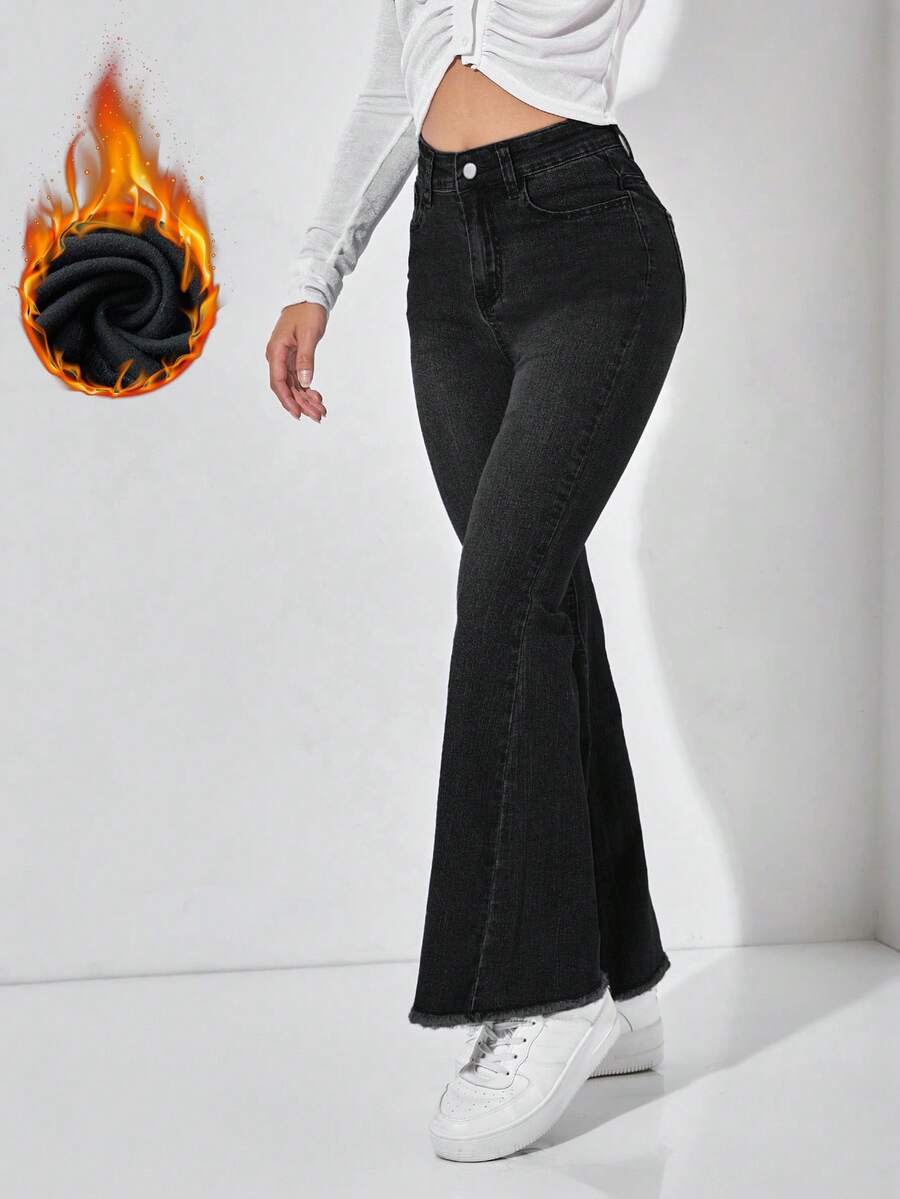 SHEIN PETITE 女士休闲喇叭口袋牛仔裤 - 黑色 - 查看 1