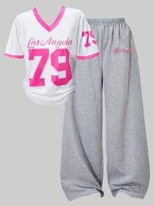 SHEIN ChillGRL 2件套女童休闲V领针织印花T恤和阔腿运动裤套装，春夏时尚运动装 - 彩色 - 查看 4
