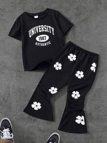 SHEIN Coolqubz 2pcs/Set Tween Boys Casual Summer Back-To-School Outfit,American Letter Print Loose Short Sleeve T-Shirt&Flocked Sports Pants,Black And White School - Black - View 8