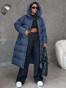 EURMUSE Zip Up Hooded Long Plus Size Winter Coat - Grey - View 3