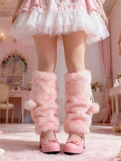 Fairycore 1 par de calentadores de piernas decorativos de color marrón claro para Navidad y Halloween, estampado sexy y lindo de ciervos/animales con pompones de felpa atados, cálidos y de moda para mujeres, adecuados para uso diario, campus, compras, viajes en otoño/invierno