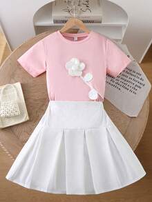 SHEIN 少女优雅花卉装饰圆领短袖T恤+纯色半裙两件套 - 粉色 - 查看 3