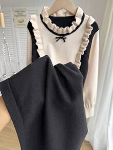 女童荷叶边下摆圆领长袖A字型毛衣连衣裙，适合假日、度假和日常休闲穿着。 - 黑色 - 查看 5