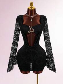 Y2K Amplova Women's Sexy Party Metallic Lace Plunging Draped Neck Mini Dress Suit, New Year Outfit, New Year Club Party Holiday Celebration Dress, Suitable For Party, Christmas, Autumn/Winter Lace Outfit Women Black Lace Bodysuit Black See Through Dress Sexy Women Clothes Lace 2 Piece Set - Black - View 3