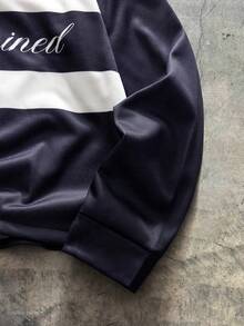 AXEPEAK 男士字母印花撞色长袖休闲宽松 Polo 衫 - 藍色 - 查看 3