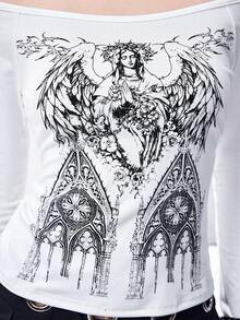 ROMWE Women's V-Neck Off Shoulder Gothic Virgin Mary Window Print Tight Long Sleeve T-Shirt - White - View 2