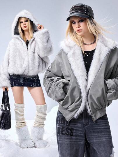 Grunge Punk Y2K Faux Fur & Suede Reversible Women Kpop Jacket, Suitable For Autumn/Winter