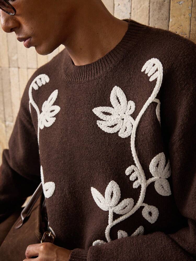 AKNOTIC メンズ ニットセーター、カーキ クルーネック ルーズ カジュアルセーター、無地 シェニール ジャカード、手洗いまたは ドライクリーニング、秋冬シーズンに適しています