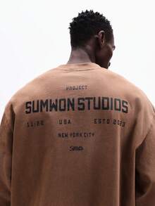 SUMWON Men's Long Sleeve Crew Neck T-Shirt With Back Text Print Regular Fit Cotton Casual Streetwear Typography Design Fall Winter - Khaki - View 1