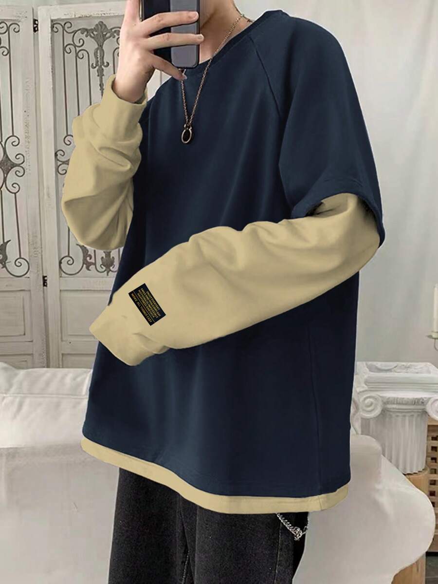 Claim Dot 宽松男士字母拼接插肩袖二合一卫衣长袖衬衫设计师款超大号衬衫超大号街头服饰超大号T恤超大号卫衣男士，秋季 - 彩色 - 查看 1