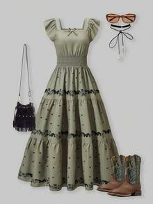 SHEIN ChillGRL 青少年女孩盖袖花卉印花褶皱 A 字连衣裙夏季女童服装