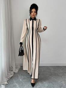 SHEIN Elenzya Elegant Romantic Commuting Professional Color Block Shirt Collar Dress - Apricot - View 4