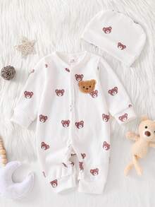 新生儿米色小熊图案长袖连体衣带帽子套装