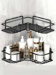 1 pieza Organizador de baño sin taladrar, estantería de ducha montada en la pared, estante de almacenamiento para el inodoro, champú, cocina, vuelta al colegio - Negro - Ver 1