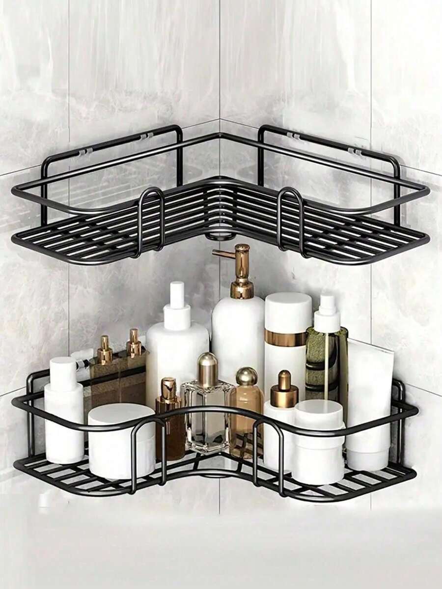 1 pieza Organizador de baño sin taladrar, estantería de ducha montada en la pared, estante de almacenamiento para el inodoro, champú, cocina, vuelta al colegio - Negro - Ver 1
