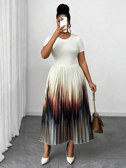 Maweii Plus Size Women's Elegant Casual Party & Daily Wear Round Neck Ombre Short Sleeve Pleated Flowy Waist Cinched Dress, Spring/Autumn