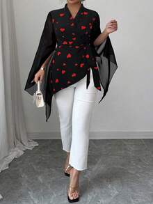 Elenzga Áo voan tay dài cổ chữ V thắt nơ họa tiết trái tim cỡ lớn, thắt eo, lãng mạn, thích hợp cho buổi tối hẹn hò, áo cánh voan dài tay dáng xòe, viền không đều, kiểu dáng thanh lịch, tinh tế, đi làm và lãng mạn dành cho nữ - màu đen - Xem 6