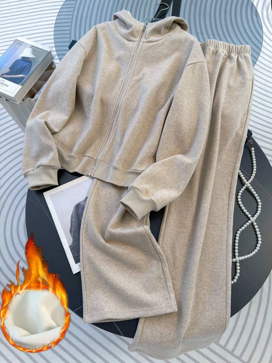 Franclia Women's Solid Color Long Sleeve Zip-Up Hoodie And Sweatpants 2 Pieces Set - Khaki - View 1