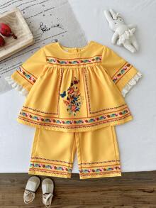 SHEIN 2pcs/Set Baby Girls' Casual Pattern Print Top And Pants Set, Suitable For Spring/Summer, Home, Outdoor, Holiday, Party, Daily Wear - Multicolor - View 3