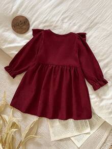 SHEIN 女婴刺绣休闲连衣裙，优雅森系风格，春秋季款 - 酒紅色 - 查看 2