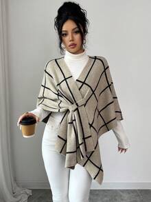 Elenzga 卡其色和黑色条纹针织斗篷毛衣，休闲通勤款，秋冬季 - 卡其色 - 查看 5
