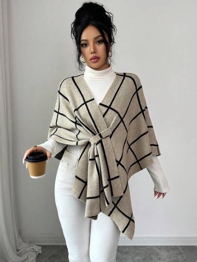 Elenzga Khaki & Black Striped Knit Poncho Sweater, Casual & Commuting, Autumn/Winter