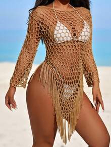 Swim SXY Summer Beach Women's Fashionable Hollow Out Long Sleeve Fringed Cover Up - Khaki - View 3