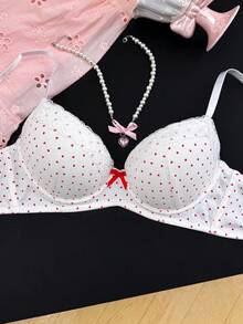PetitDoll 1pc Cute & Sweet Heart Print Bow Decor Wire-Free Bra For Women - Red and White - View 6