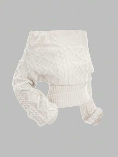 كنزة صوفية رومانسية سميكة بنمط حرف Z وزهور عميقة، كتف مكشوف وأكمام فانوس باللون الرمادي