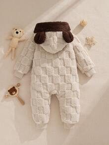 Souflis 2025秋冬新款法式加厚长袖卡其色连帽熊耳连体裤，适合玩耍、聚会、居家及多场合穿着，幼儿男童 - 卡其色 - 查看 3