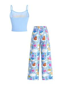 SHEIN X Care Bears Women's Cartoon Pattern Camisole Top & Elastic Waist Pants Pajama Set