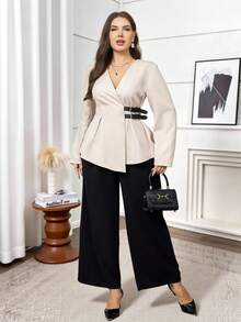 Modelyn Conjunto de traje elegante de chaqueta de manga larga con cinturón en la cintura y pantalones de pierna ancha para mujer de talla grande - Multicolor - Ver 5