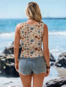 Sylviya Damen Retro Blumenmuster Rundhals bequem anliegendes Top/Trägerhemd, geeignet für den Sommer und Ausgehen