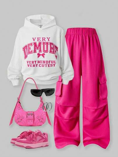 SHEIN ChillGRL Tween Girl 两件套：针织连帽卫衣+梭织休闲工装裤，英文图形印花，适合春秋季休闲、运动、返校