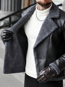 Manfinity CasualCool Giacca casual con fodera termica, collo a bavero, manica lunga, vestibilità ampia, adatta per uomo, in pelle nera, stile biker, per autunno/inverno, per uso quotidiano, tempo libero, weekend, attività all'aperto, viaggi, ambienti di lavoro rilassati o occasioni semi-formali, regalo per il fidanzato/marito, regalo per anniversario, Natale - nero - Visualizzare 7