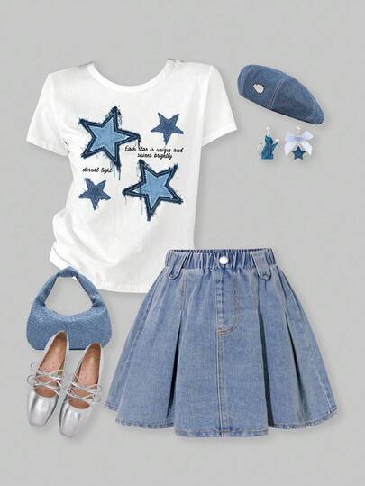 SHEIN ChillGRL 2pcs/Set Tween Girls Summer White Loose Short Sleeve Star Print Top & Pleated Denim Skirt Outfit