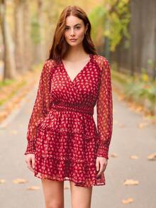 lacRébo Romantic Floral Print Mini Dress With Ruffle Details Spring Women Clothes Autumn Dress Spring Women Clothes Spring Summer Red Dress - Red - View 5