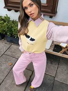 Chiquease Women's Casual Cow Pattern Knitted Vest, Autumn/Winter - Yellow - View 1