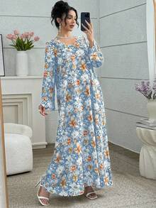 Yasmyna 优雅复古浪漫花卉珍珠装饰宽松休闲连衣裙，女士款 - 彩色 - 查看 3