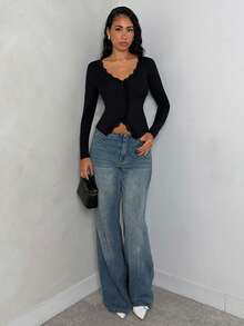 SHEIN Glamour Women's Minimalist Black Ribbed Knit Lace-Trimmed V-Neck Button-Down Long-Sleeved Fitted Waist Regular T-Shirt,Spring Outfit Women,Valentine Outfits For Women,Everyday Basic Outfits,Black Sexy Women's Top Black Ribbed Long Sleeve Top Black Lace Top Low Cut Black Top Sexy Black Top Black Lace Long Sleeve Top Low Cut Top Sexy Blouses Black Sexy Tops Lace Undershirt Long Sleeve Cute Black Top - Black - View 3