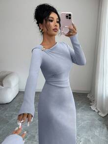 Elenzga 新款女士斜领长袖罗纹抓绒装饰纽扣腰部褶皱设计休闲百搭优雅连衣裙，秋冬款 - 藍色 - 查看 5