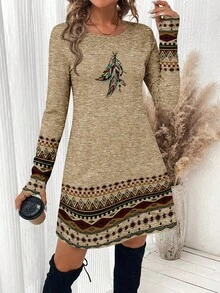 SHEIN LUNE Women's Casual Retro Pattern Short Dress, Perfect For Autumn And Winter Wear - Multicolor - View 5