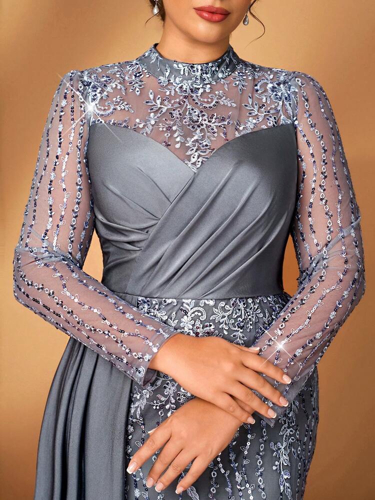 Serin Đầm cỡ lớn sang trọng, thanh lịch màu xám thêu sequin ren satin phối nhiều mảnh, thích hợp cho đám cưới, tiệc tùng, kỳ nghỉ, dạ hội, váy dạ hội cho mẹ cô dâu, ngày Valentine. - Xám - Xem 4