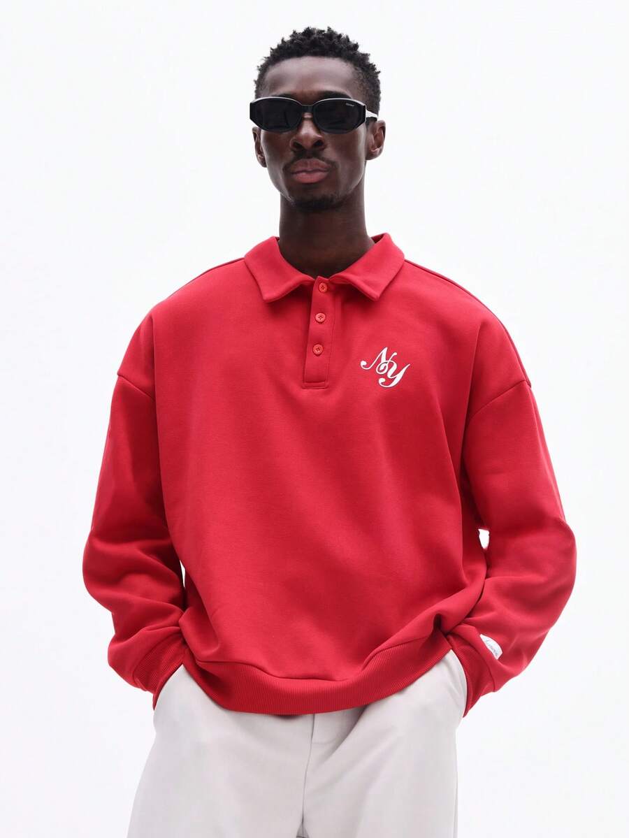 SUMWON Men's Red Long Sleeve Polo Sweatshirt With Small Script Branding Embroidered Logo Regular Fit Casual Pullover For Fall Winter Plain - Red - View 1