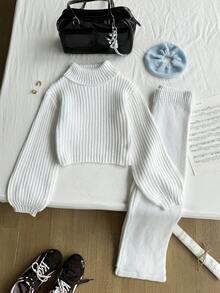 SHEIN 2pcs/Set Girls Sweater Set, Fashionable Turtleneck Cropped White Sweater Paired With Matching Straight Leg Sweater Pants, Regular Thickness, Neat Hemline And Cuffs, Casual Sporty Style, Soft Skin-Friendly Smooth And Durable Knit Set, Suitable For Daily Wear, School, Shopping, Workout, Home In Autumn/Winter White 2 Piece Girl Set Girl Knit Set Girls Coord Sets Tween Matching Set Knit - White - View 2